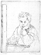 An etching by Auguste Brouet. It is a self-portrait of the artist at work.