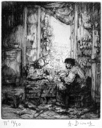 a small etching by Auguste Brouet. Two cobblers at work in their workshop. A parisian street can be glimpsed at through the window.